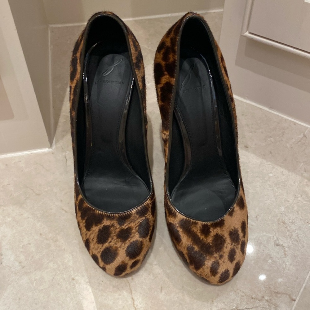 B Brian Atwood leopard hair block heels